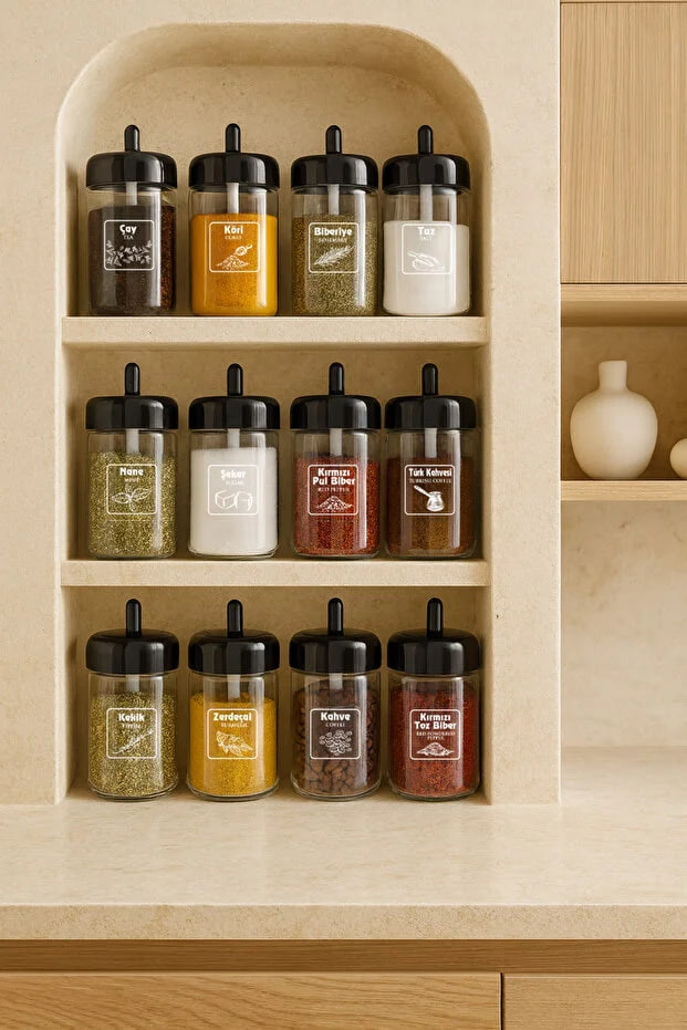 Kitchen Life 12-Piece Spice Jar Set with Lid, Spoon and Label 300 ml Glass Spice Set