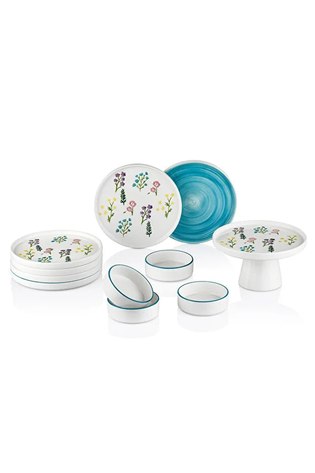 Kitchen Life Art Botanical 11 Piece Footed Handmade Premium Breakfast Set - Breakfast Set for 6 People